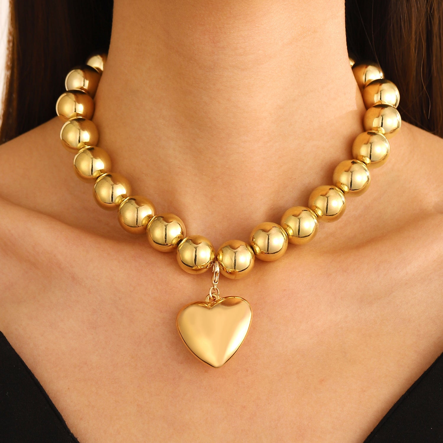 Women's Chunky Beaded Heart Choker Pendant Necklace