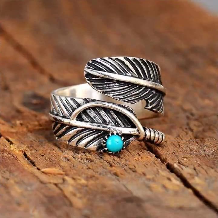 Vintage Feather Leaf Adjustable Silver Bohemian Ring