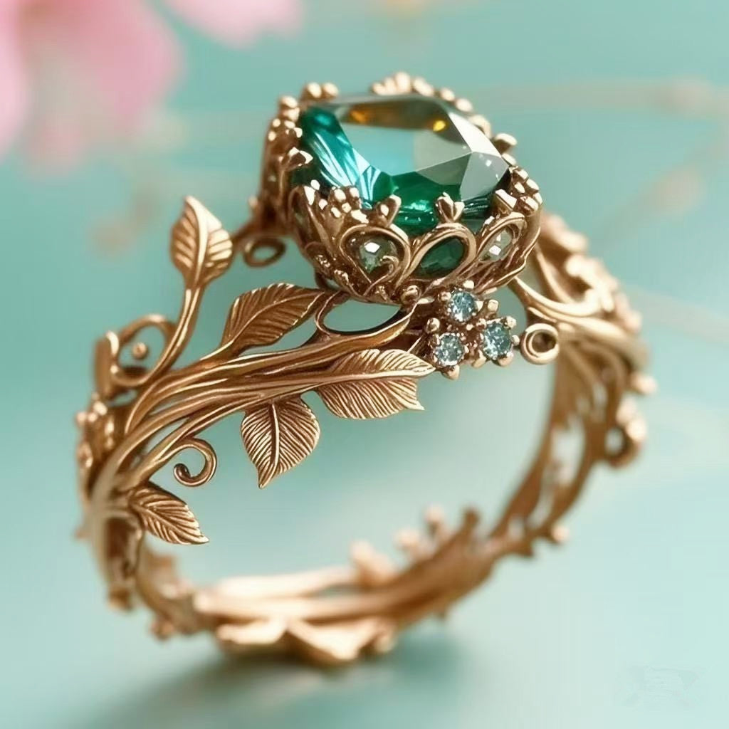 Women's Vintage Emerald Leaf Crystal Ring