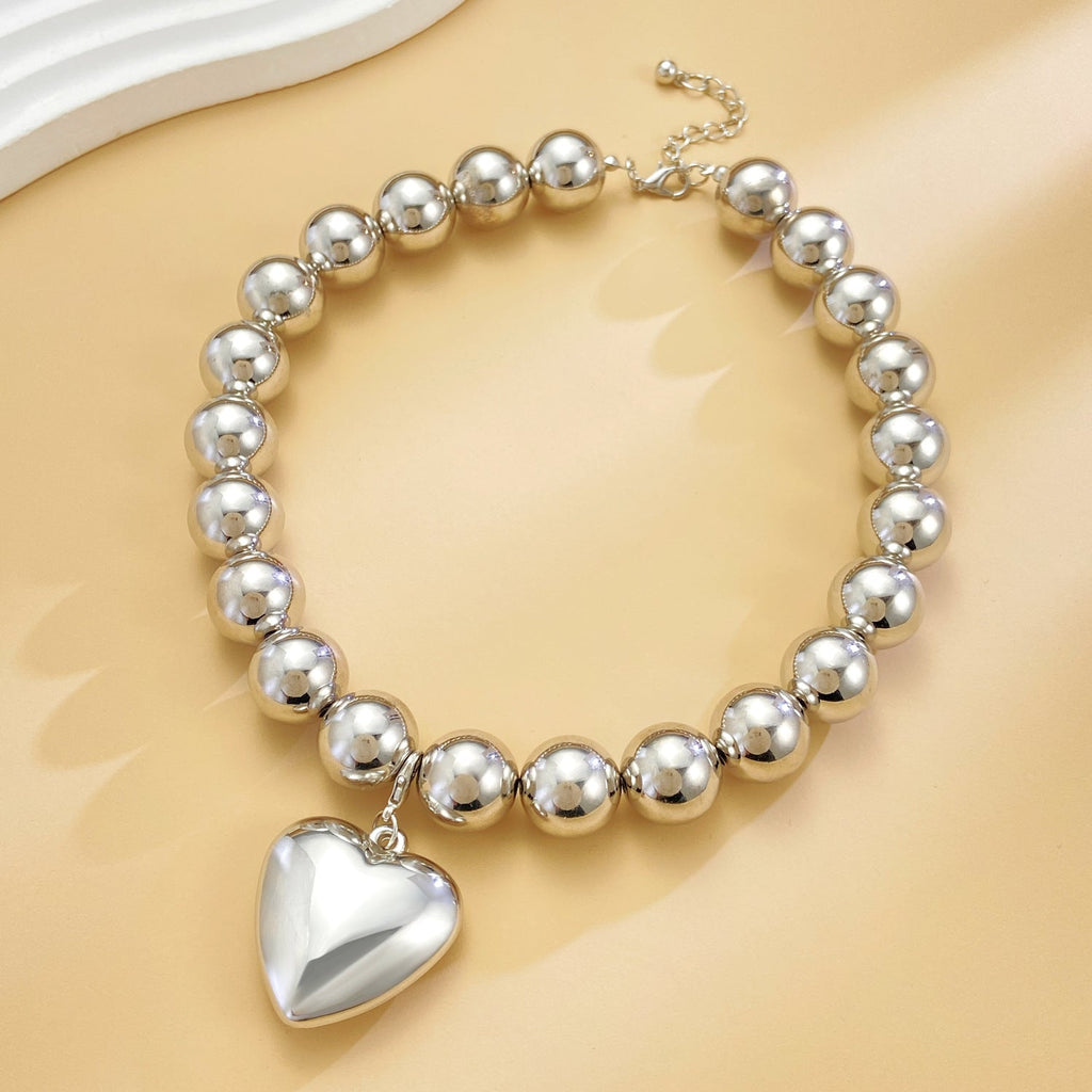 Women's Chunky Beaded Heart Choker Pendant Necklace
