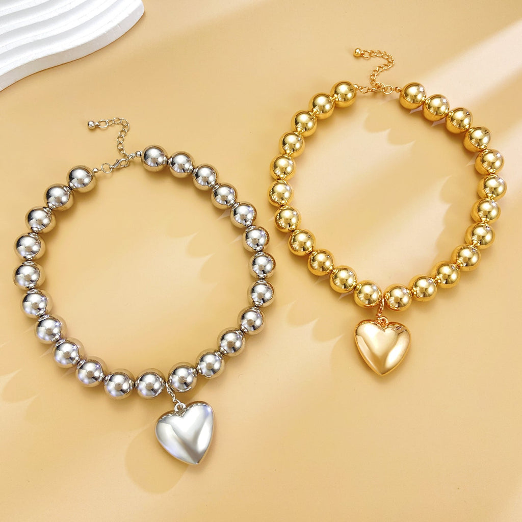 Women's Chunky Beaded Heart Choker Pendant Necklace