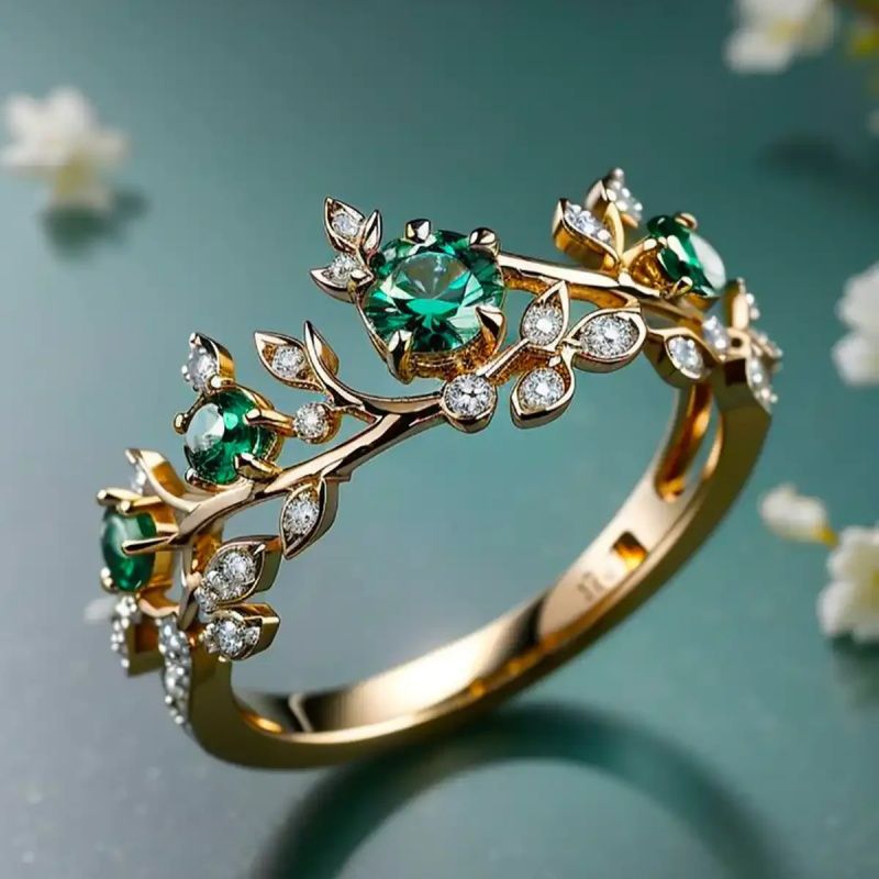 Women's Emerald Leaf Crystal Gold Ring