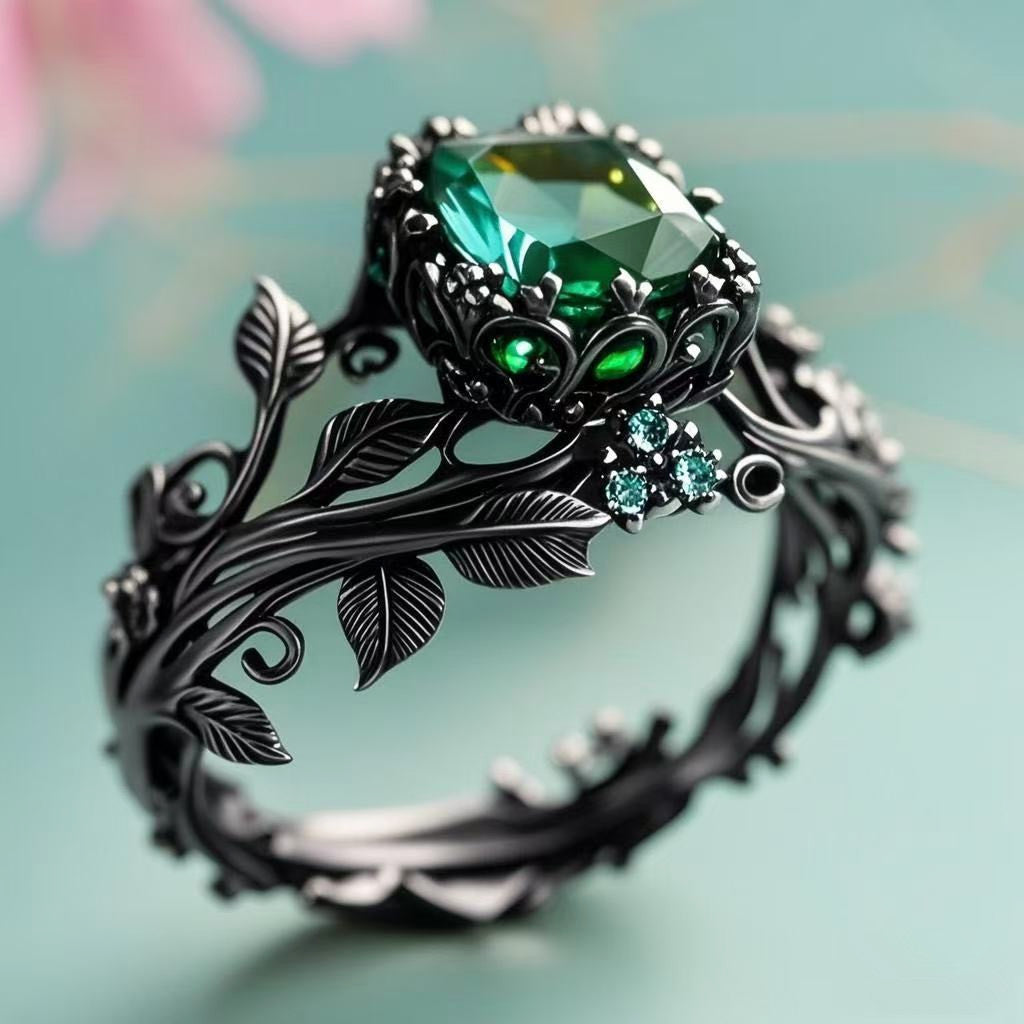 Women's Vintage Emerald Leaf Crystal Ring