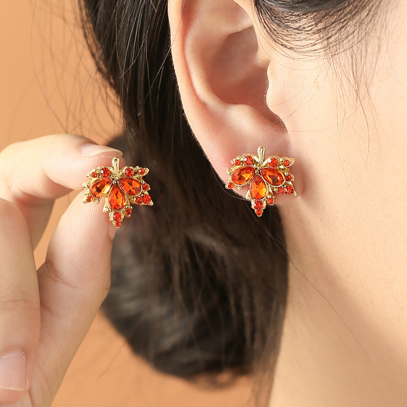 Women's Gold Maple Leaf Red Crystal Earrings