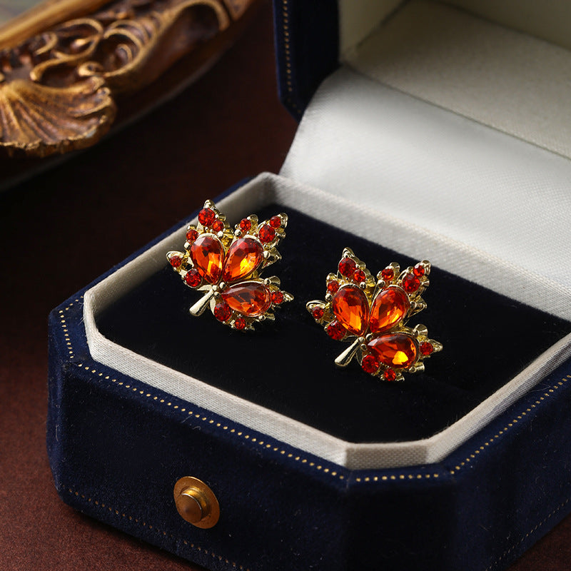 Women's Gold Maple Leaf Red Crystal Earrings