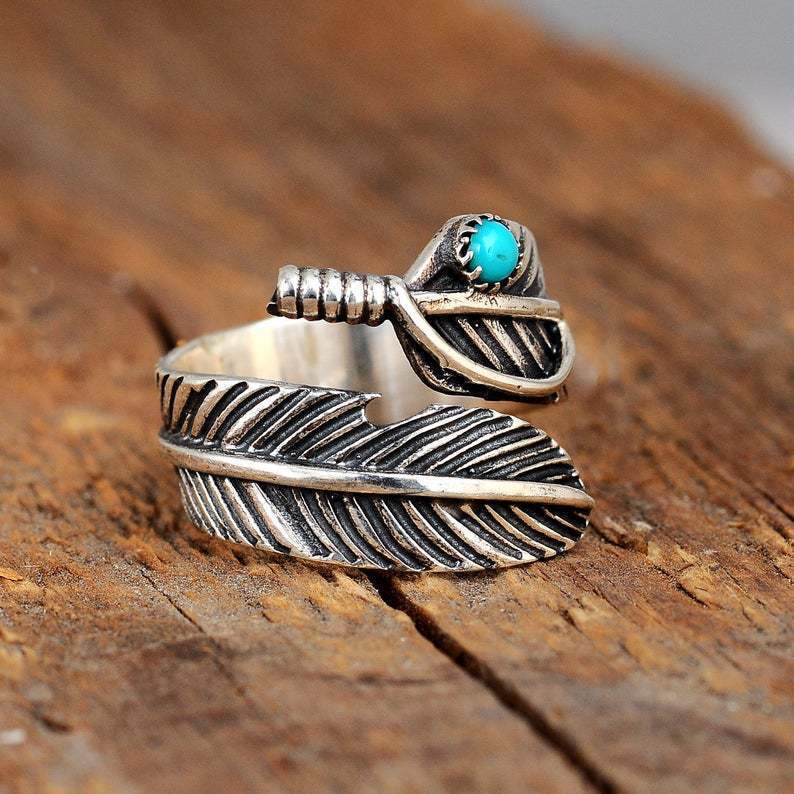 Vintage Feather Leaf Adjustable Silver Bohemian Ring