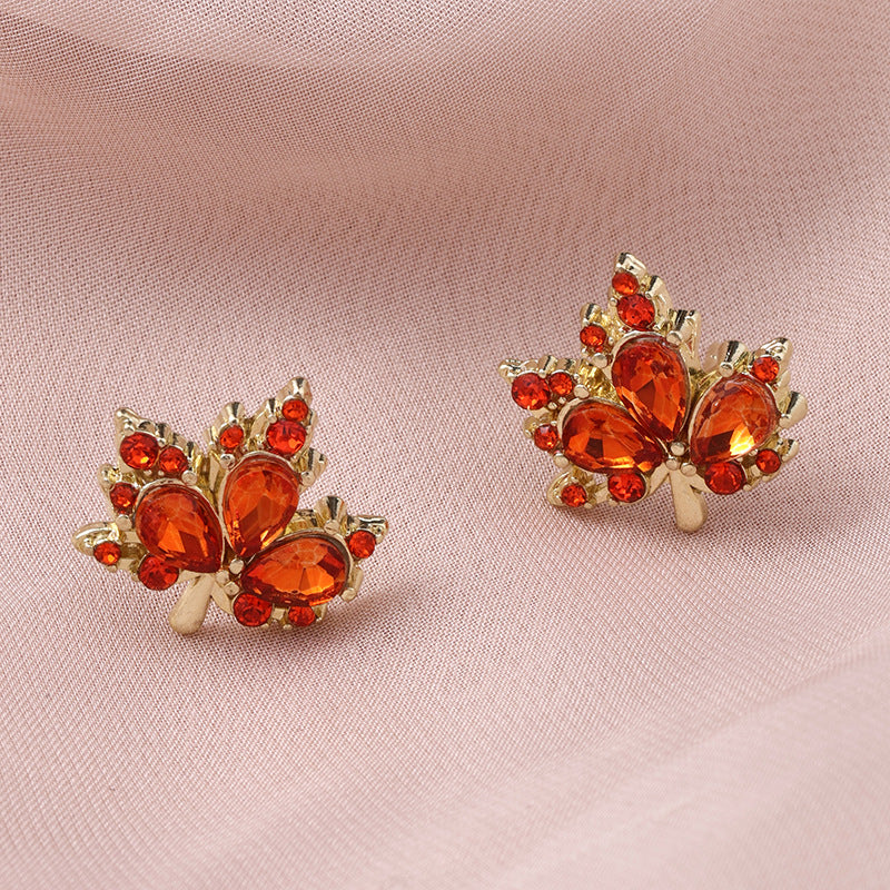 Women's Gold Maple Leaf Red Crystal Earrings