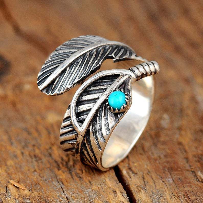 Vintage Feather Leaf Adjustable Silver Bohemian Ring