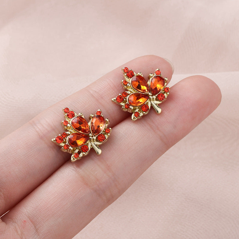 Women's Gold Maple Leaf Red Crystal Earrings