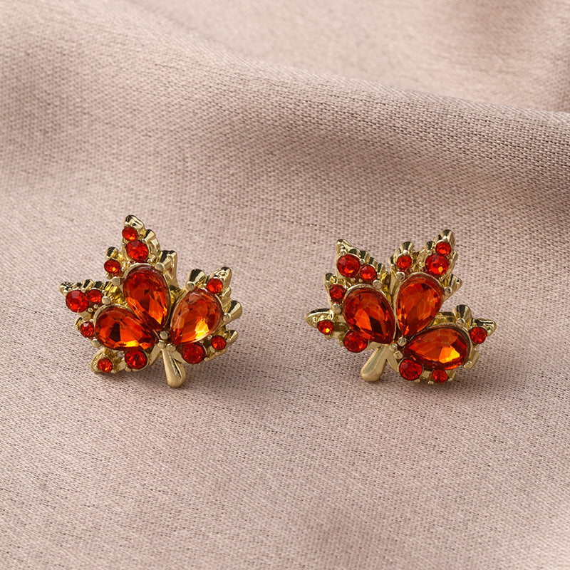 Women's Gold Maple Leaf Red Crystal Earrings