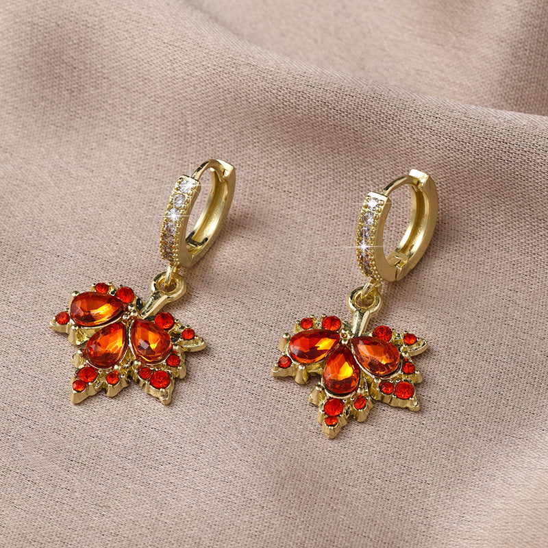 Women's Gold Maple Leaf Red Crystal Earrings