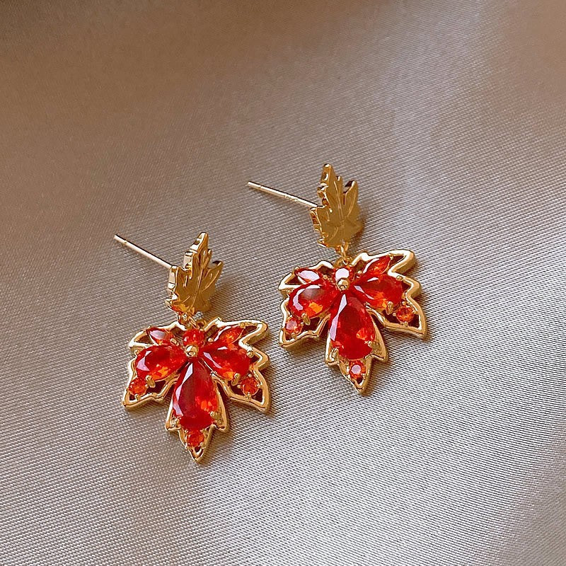 Women's Gold Maple Leaf Red Crystal Earrings